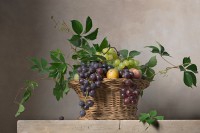 Henri Peyre & Catherine Auguste - Corbeille de fruits sur table en pierre blanche